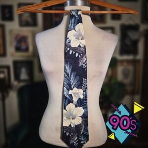 Structure Silk Tie Vintage 90s Navy Blue Floral Botanical Print Made in USA Men